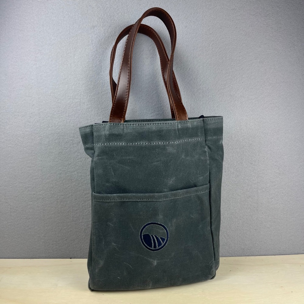 Hudson Sutler Waxed Canvas Tote Wine Bag Grey Blue Leather Handles Made in USA